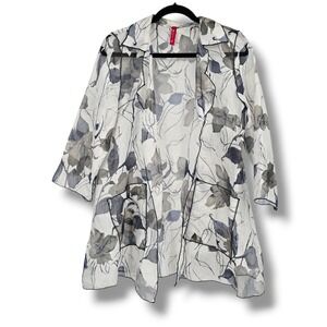 IC by Connie K Women Floral Open Front Cardigan Sheer Grey White Size Small